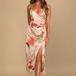 Lulus Remarkable Entrance Pink Floral Print Satin Midi Dress size Small